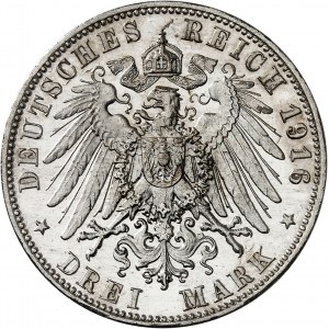 Wurtemberg, Guillaume II (1891-1918). 3 mark, 25e anniversaire de règne, Flan bruni (PROOF) 1916, F, Stuttgart.