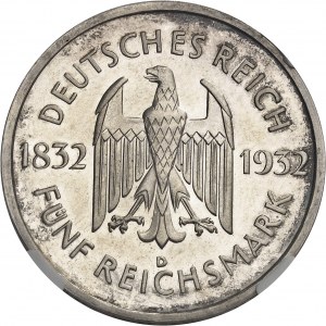 République de Weimar (Empire allemand) (1918-1933). 5 mark Johann Goethe, Flan bruni (PROOF) 1932, D, Munich.