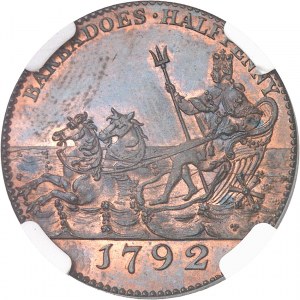 Barbade, sous administration britannique (1627-1966). Jeton monétiforme au module d’1/2 penny, refrappe, Flan bruni (PROOF) 1792.