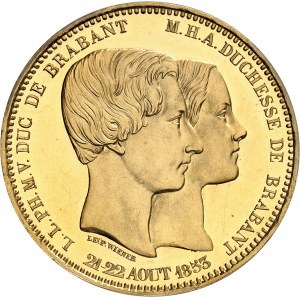 Léopold Ier (1831-1865). Module de 100 francs en Or, mariage du duc et de la duchesse de Brabant, Flan bruni (PROOF) 1853, Bruxelles.