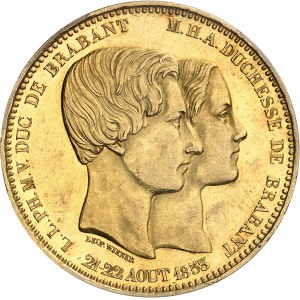Léopold Ier (1831-1865). Module de 100 francs en Or, mariage du duc et de la duchesse de Brabant, d’aspect Flan bruni (Prooflike) 1853, Bruxelles.