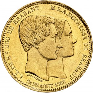 Léopold Ier (1831-1865). Module de 100 francs en Or, mariage du duc et de la duchesse de Brabant 1853, Bruxelles.