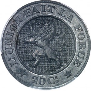 Léopold Ier (1831-1865). Essai de 20 centimes en zinc par L. Wiener et Braemt 1860, Bruxelles.