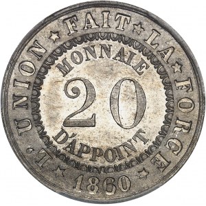 Léopold Ier (1831-1865). Essai de 20 centimes monnaie d’appoint par L. Wiener 1860, Bruxelles.
