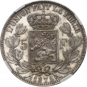 Léopold II (1865-1909). 5 francs 1875, Bruxelles.