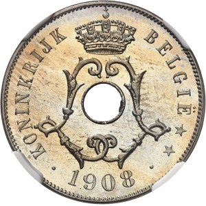 Léopold II (1865-1909). 25 centimes, légende flamande, Flan bruni (PROOF) 1908, Bruxelles.