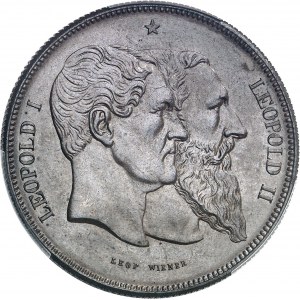 Léopold II (1865-1909). Module 5 francs, cinquantenaire du royaume, frappe médaille 1830-1880, Bruxelles.
