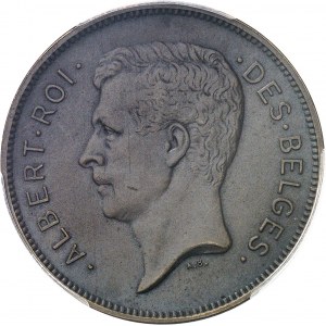 Albert Ier (1909-1934). Essai de 20 francs ou 4 belgas légende française en bronze, flan mat 1931, Bruxelles.