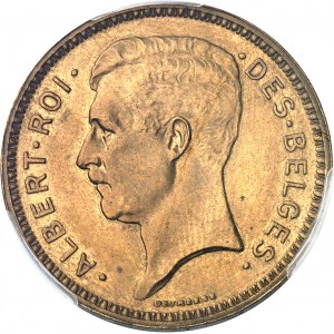 Albert Ier (1909-1934). Essai de 20 francs légende française en bronze, par G. Devreese, flan mat 1834, Bruxelles.