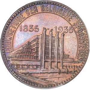 Albert Ier (1909-1934). Essai de 50 francs Exposition du centenaire des chemins de fer belges légende flamande en bronze 1935, Bruxelles.