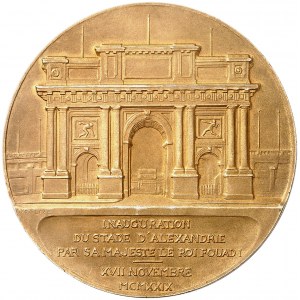 Fouad Ier (1917-1936). Médaille, inauguration du stade d’Alexandrie par sa majesté le Roi Fouad I, par S. E. Vernier et Falize, dans sa boîte d’origine 1929, Paris.