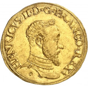 Henri II (1547-1559). Double Henri d’or 1er type 1553, C, Saint-Lô.