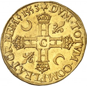 Henri II (1547-1559). Double Henri d’or 1er type 1553, C, Saint-Lô.