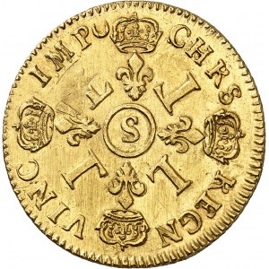 Louis XIV (1643-1715). Double louis d’or aux quatre L, réformation 1693, S, Reims.