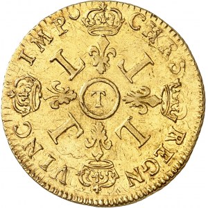 Louis XIV (1643-1715). Double louis d’or aux quatre L, réformation 1695, T, Nantes.