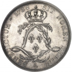 Louis XVI (1774-1792). Essai de l'écu par Droz ou écu de Calonne, tranche à trois viroles 1786 (postérieur), A, Paris.