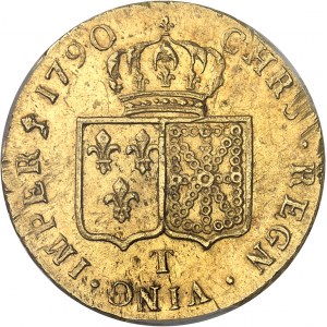 Louis XVI (1774-1792). Double louis d’or à la tête nue 1790, 1er semestre, T, Nantes.