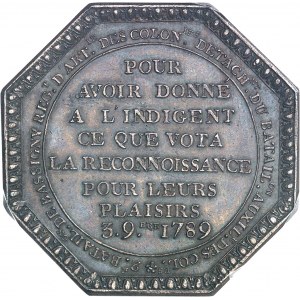 Louis XVI (1774-1792). Jeton, don aux indigents du 2e bataillon de Bassigny, régiment d’artillerie des colonies, basé à Lorient 1789, Paris.