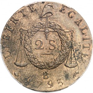 Convention (1792-1795). Deux sols à la balance daté, refrappe 1793, B, Rouen.