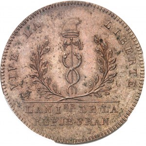 Convention (1792-1795). Essai au module de 2 sols au caducée par Brézin 1792, Paris.