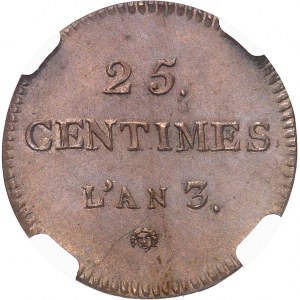 Convention (1792-1795). Essai de 25 centimes Dupré An 3 (1794-1795), Paris.