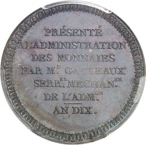 Consulat (1799-1804). Essai de frappe en virole pleine, au module de 5 francs, par Gatteaux AN 10 (1801), Paris.