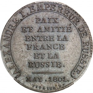 Consulat (1799-1804). Essai monétaire à l’amitié entre la France et la Russie, au module de 2 francs, par Tiolier 1801, Paris.