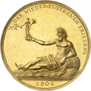 Consulat (1799-1804). Médaille d’Or (aussi Demi-portugalöser de 5 ducats) pour la Paix d’Amiens entre la France et l’Angleterre, par Abraham Abramson 1802, Berlin ?