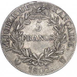 Premier Empire / Napoléon Ier (1804-1814). 5 francs République, calendrier grégorien 1807, U, Turin.