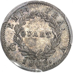 Premier Empire / Napoléon Ier (1804-1814). Quart de franc tête laurée, Empire français 1809, A, Paris.