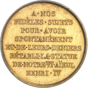 Louis XVIII (1814-1824). Médaille d’Or, rétablissement de la statue d’Henri IV sur le pont Neuf à Paris ND (1818), Paris.