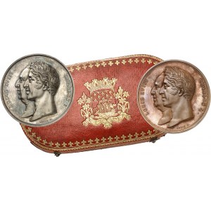 Charles X (1824-1830). Coffret de 2 médailles, achèvement du Palais de la Bourse et du Tribunal de Commerce, par Petit 1825, Paris.