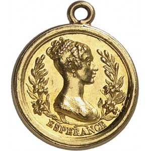 Henri V (1820-1883). Médaillette Or, le regretté duc de Berry et l’espérance en la duchesse de Berry, par Vivier ND (1820), Paris.