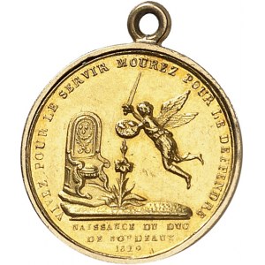 Henri V (1820-1883). Médaillette Or, pour sa naissance, Vivez pour le servir, mourez pour le défendre, par Caqué 1820, Paris.