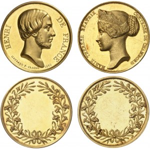 Henri V (1820-1883). Coffret de 2 médailles d’Or, mariage du Comte et de la Comtesse de Chambord, par R. Gayrard 1842.