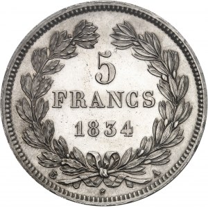 Louis-Philippe Ier (1830-1848). 5 francs tête laurée, Flan bruni (PROOF) 1834, A, Paris.