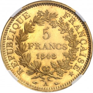 IIe République (1848-1852). Épreuve en Or de 5 francs Hercule 1848, A, Paris.