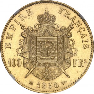 Second Empire / Napoléon III (1852-1870). 100 francs tête nue 1858, BB, Strasbourg.