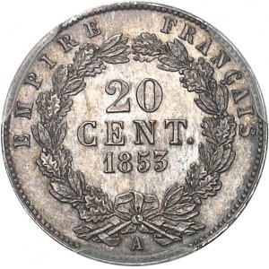 Second Empire / Napoléon III (1852-1870). Essai de 20 centimes tête nue, grosse tête, frappe Specimen 1853, A, Paris.