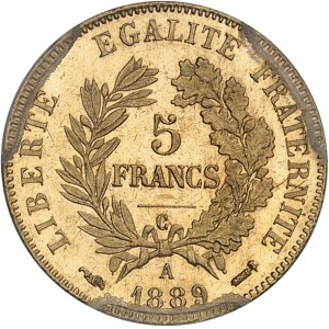 IIIe République (1870-1940). 5 francs Cérès Flan bruni (PROOF) 1889, A, Paris.