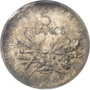 IIIe République (1870-1940). Essai de 5 francs Semeuse par Roty, sur flan normal 1898, Paris.