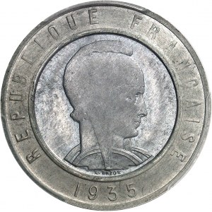 IIIe République (1870-1940). Essai de frappe uniface d’avers bimétallique (argent / aluminium) de 25 francs Bazor 1935, Paris.