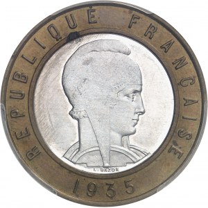 IIIe République (1870-1940). Essai de frappe uniface d’avers bimétallique (bronze / aluminium) de 25 francs Bazor 1935, Paris.