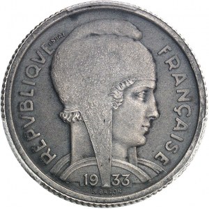 IIIe République (1870-1940). Essai de frappe uniface d’avers en argent de 5 francs Bazor 1933, Paris.