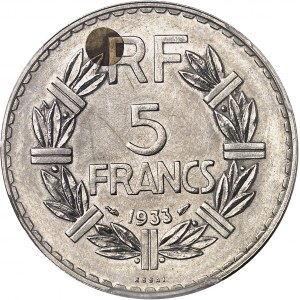 IIIe République (1870-1940). Essai “bimétallique” de 5 francs Lavrillier en nickel avec clou ou plot en cupro-aluminium 1933, Paris.