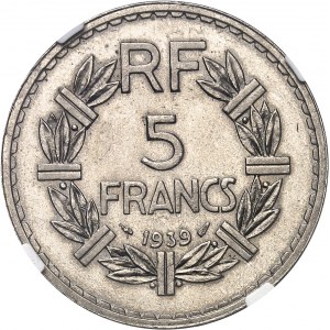 IIIe République (1870-1940). 5 francs Lavrillier en nickel 1939, Paris.