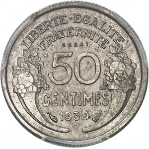 IIIe République (1870-1940). Essai de 50 centimes Morlon en nickel, tranche striée 1939, Paris.
