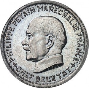 État Français (1940-1944). Essai de 5 francs Pétain, type adopté en cupro-nickel, 5 large 1941, Paris.