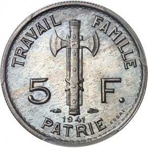 État Français (1940-1944). Essai de 5 francs Pétain, type adopté en cupro-nickel, 5 large 1941, Paris.