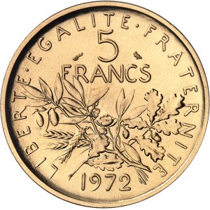 Ve République (1958 à nos jours). Piéfort de 5 francs Semeuse, Flan bruni (PROOF) 1972, Paris.